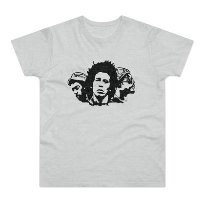 Black and white graphic of three faces on a grey t-shirt.