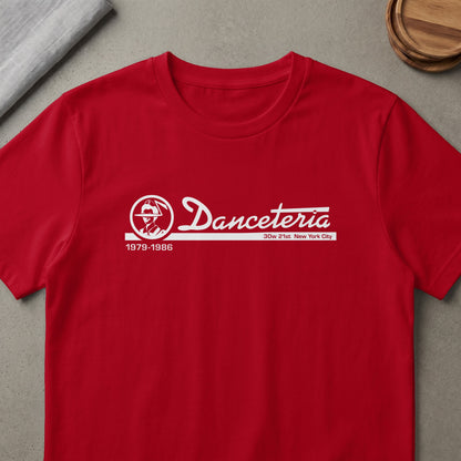 Red t-shirt with white "Danceteria 1979-1986 30w 21st New York City" text and logo.