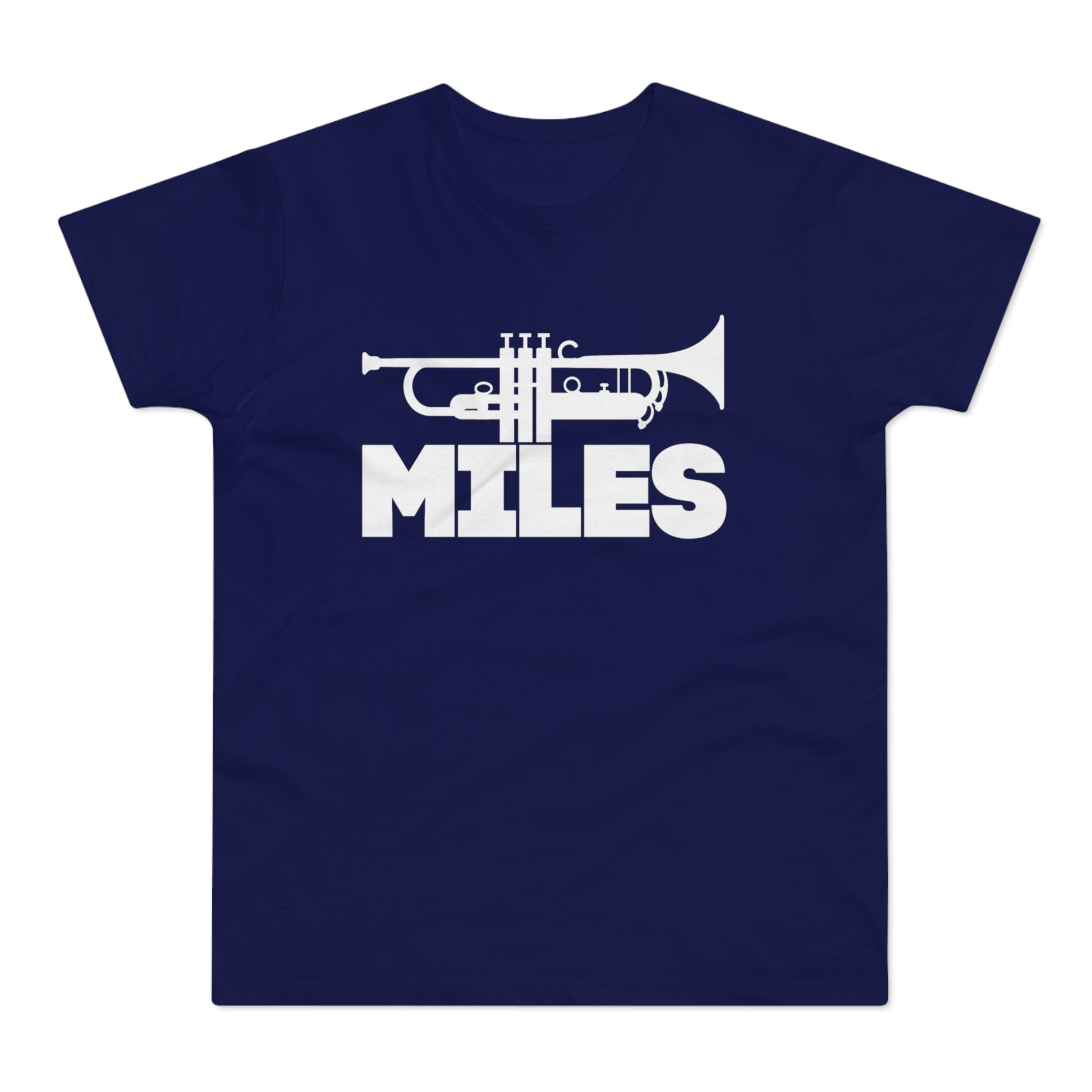 Navy t-shirt with white trumpet graphic and "MILES" text.