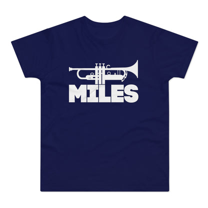 Navy t-shirt with white trumpet graphic and "MILES" text.