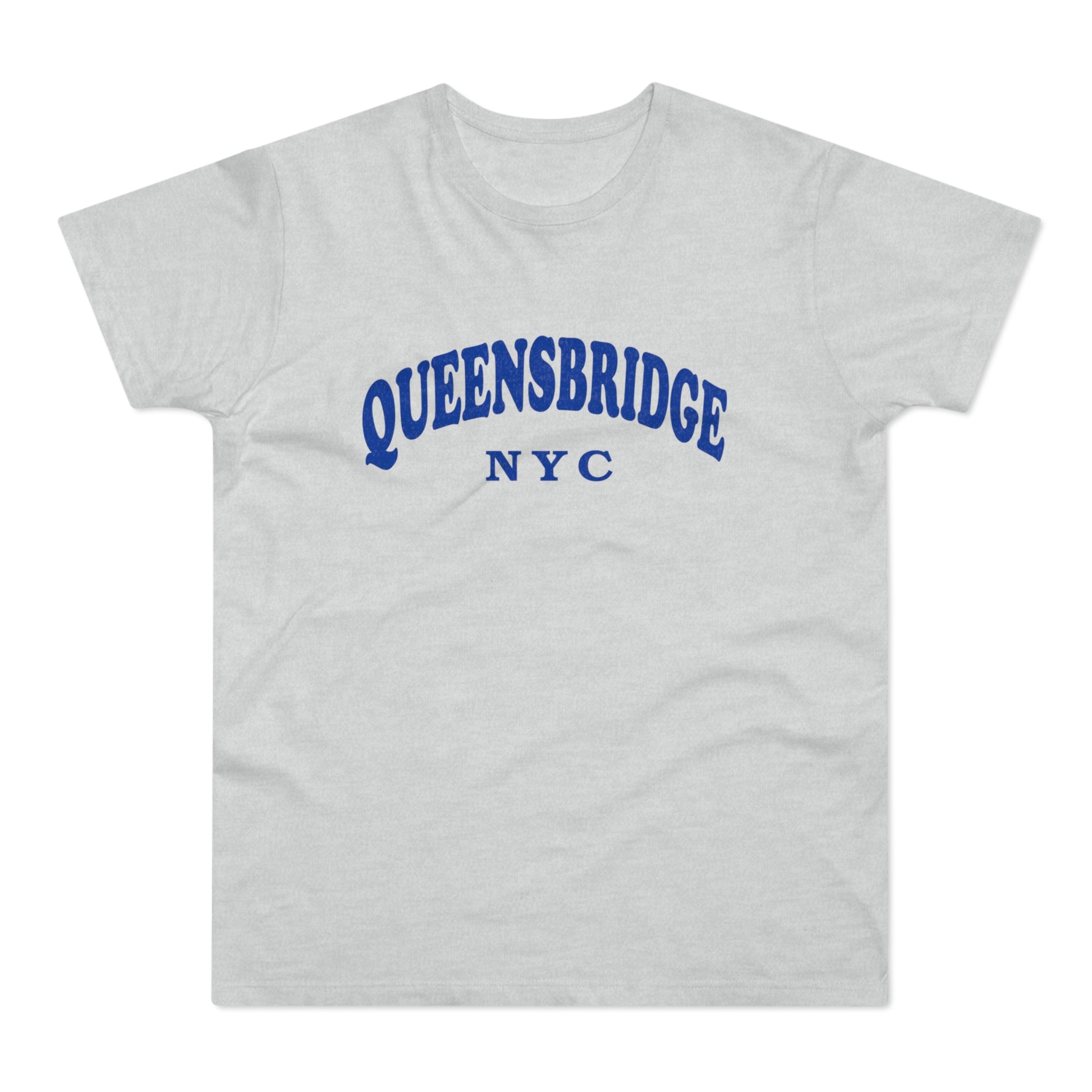 Light grey t-shirt with "QUEENSBRIDGE NYC" printed in blue gothic font.