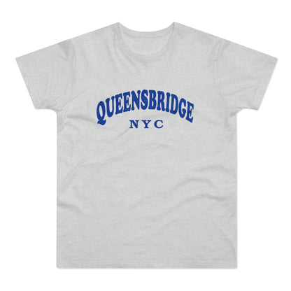 Light grey t-shirt with "QUEENSBRIDGE NYC" printed in blue gothic font.