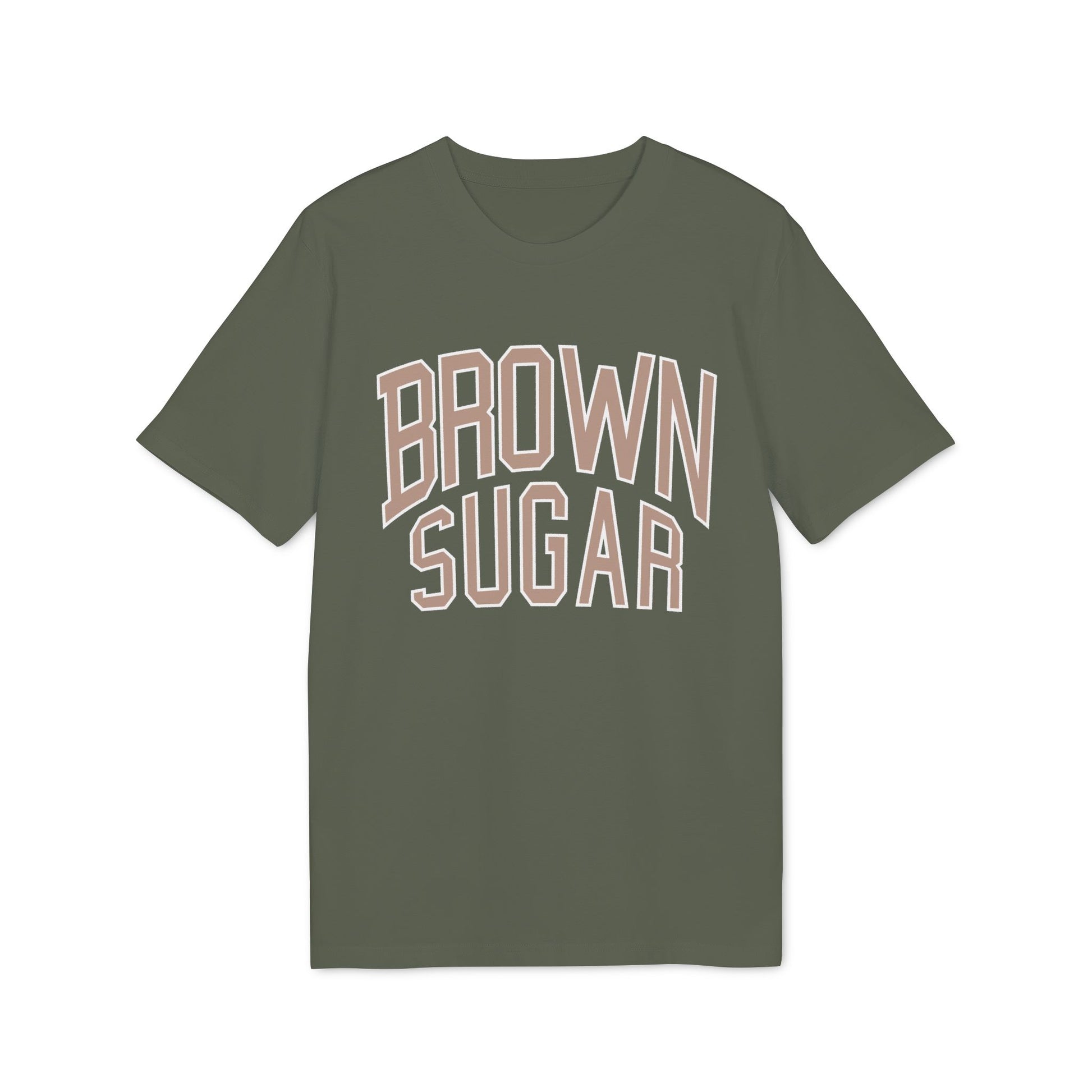 Green t-shirt with "BROWN SUGAR" text in collegiate-style lettering.