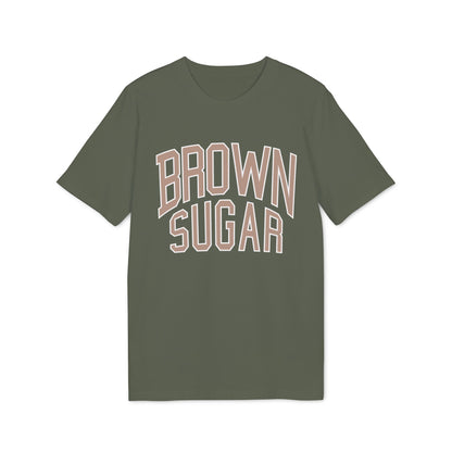 Green t-shirt with "BROWN SUGAR" text in collegiate-style lettering.