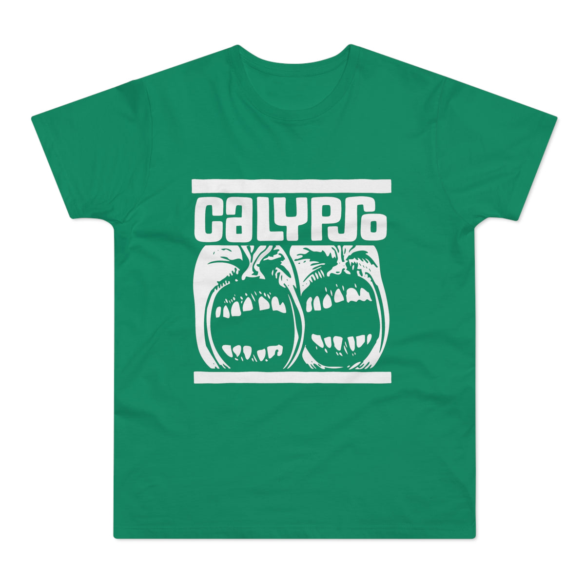 Green t-shirt with white "CALYPSO" text and two screaming faces.