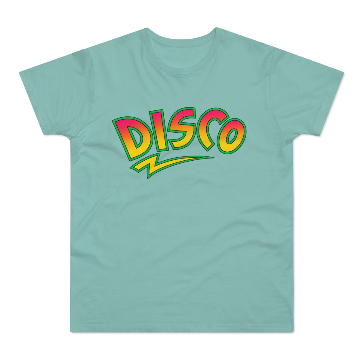 Turquoise t-shirt with a gradient "DISCO" graphic and lightning bolt.