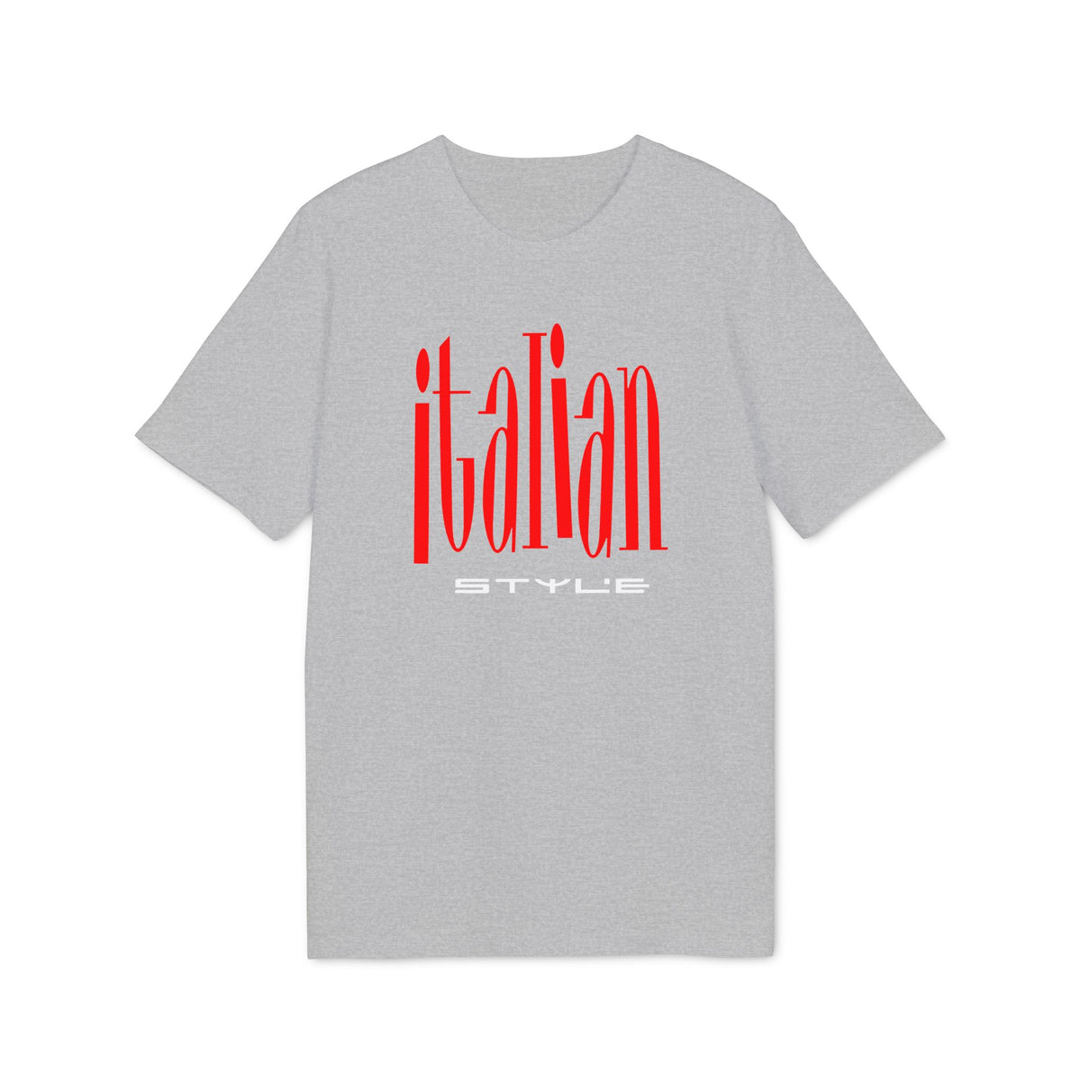 Grey t-shirt with red "Italian Style" text graphic.
