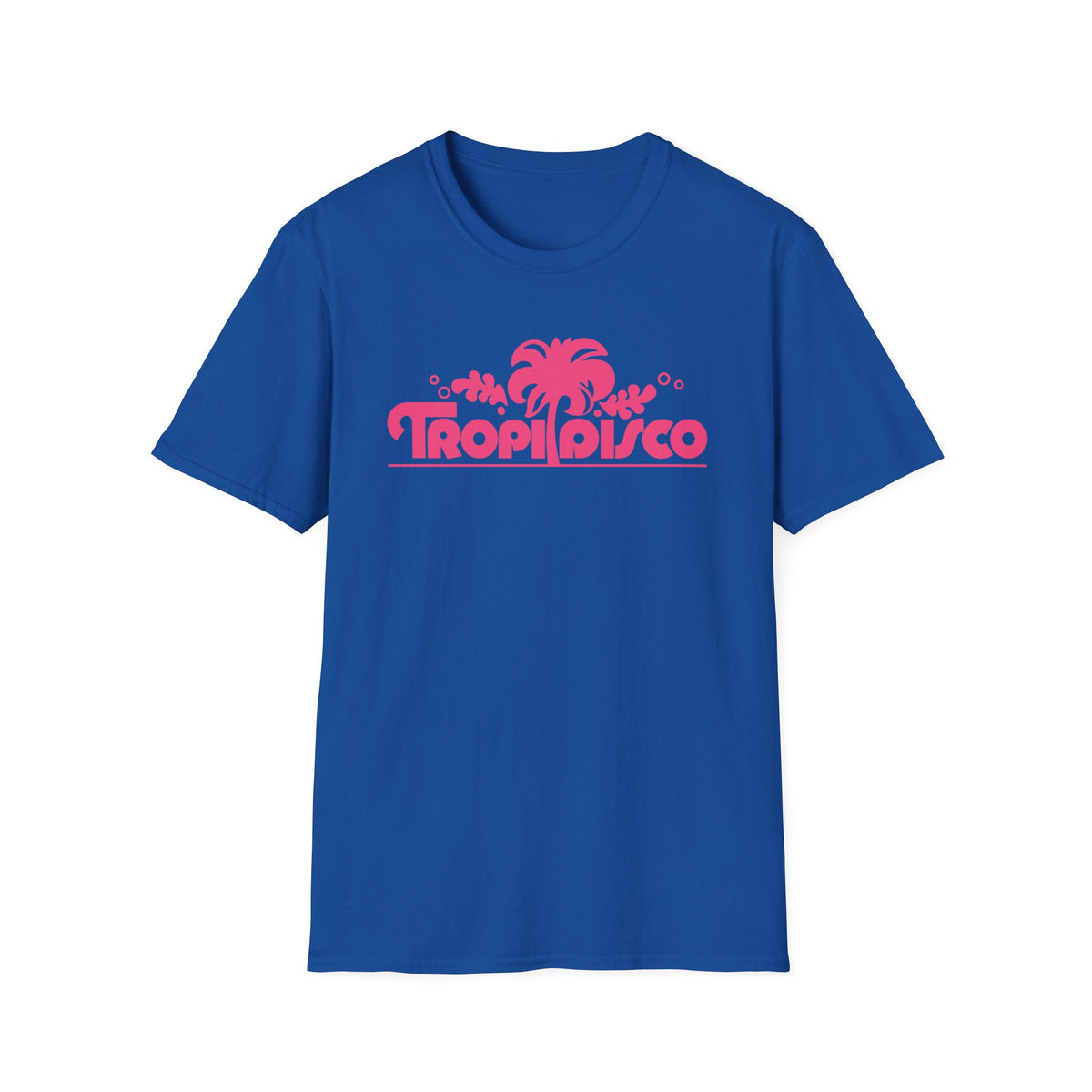 Blue t-shirt with pink "Tropi Disco" text and palm tree graphic.