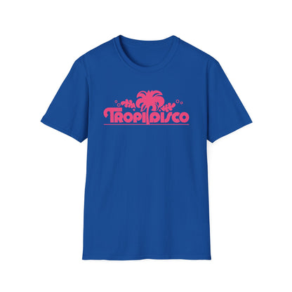 Blue t-shirt with pink "Tropi Disco" text and palm tree graphic.