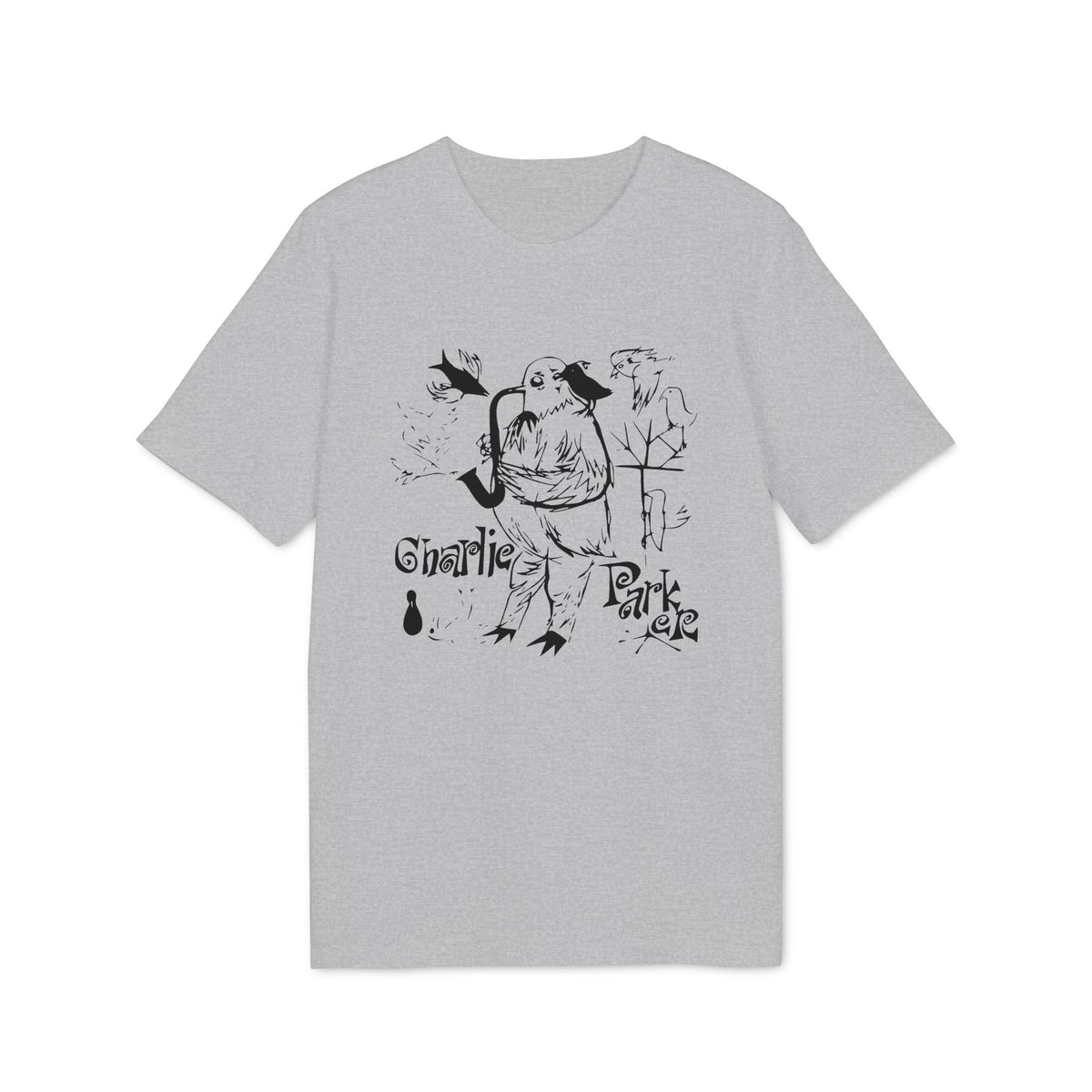 Black line art of a bird playing a saxophone with "Charlie Parker" text.