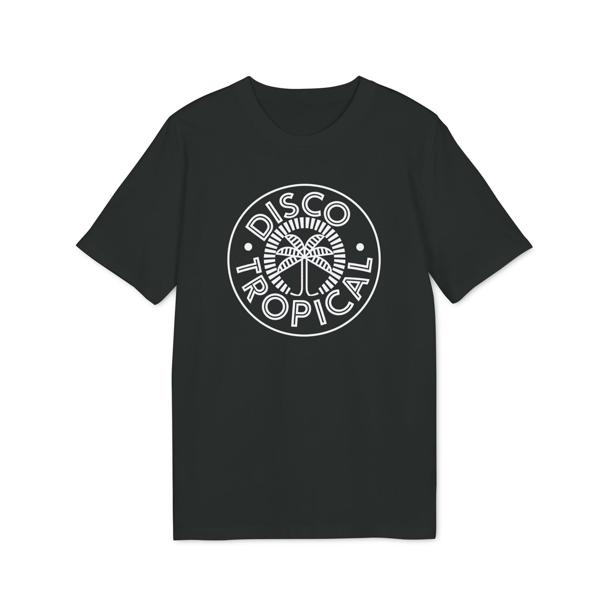 Black t-shirt with white "DISCO TROPICAL" text and palm tree graphic.