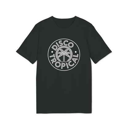Black t-shirt with white "DISCO TROPICAL" text and palm tree graphic.