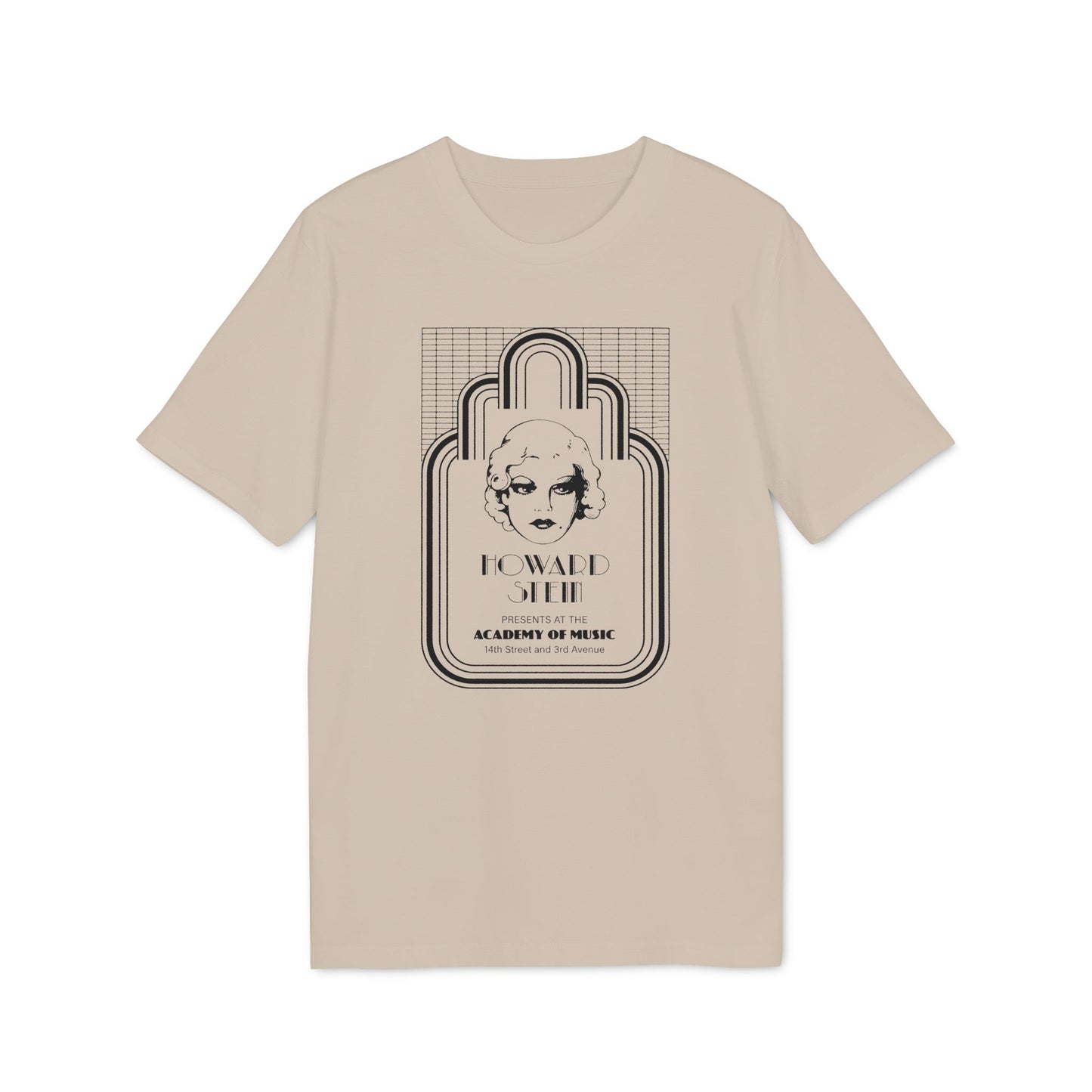Tan t-shirt with graphic of a woman's face and "HOWARD STEIN ACADEMY OF MUSIC" text.