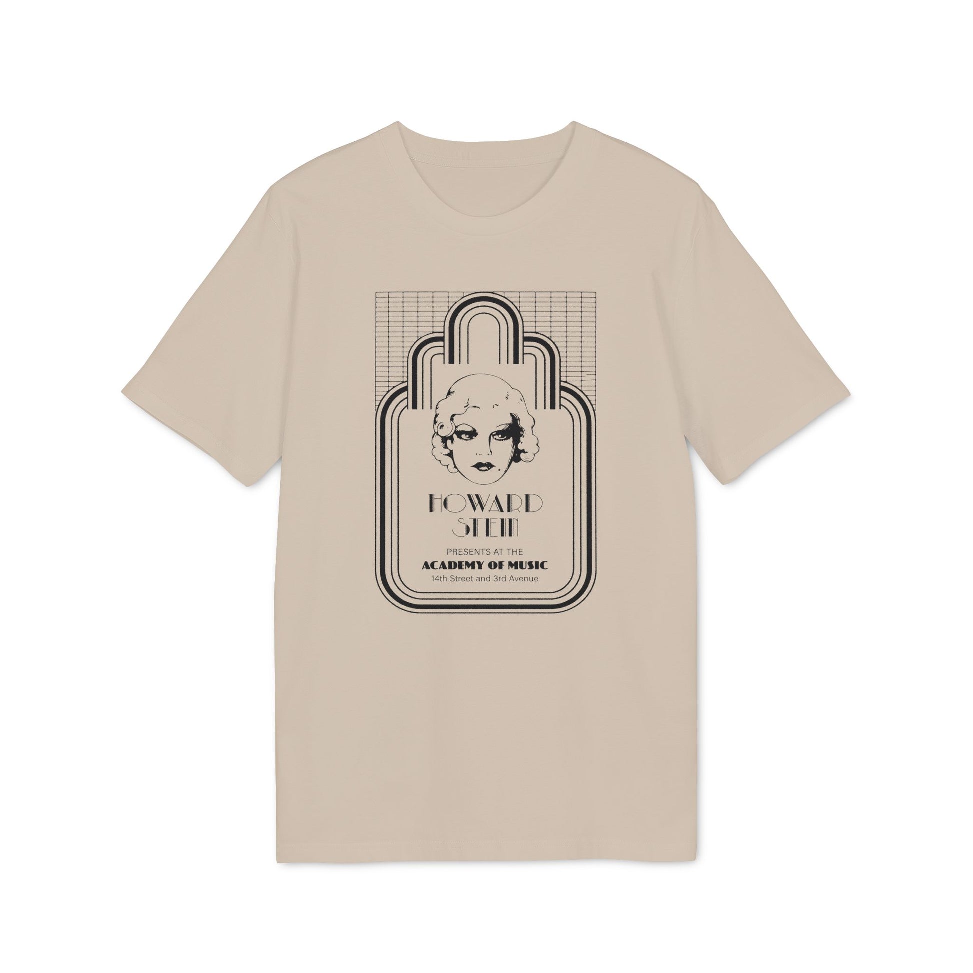 Tan t-shirt with graphic of a woman's face and "HOWARD STEIN ACADEMY OF MUSIC" text.