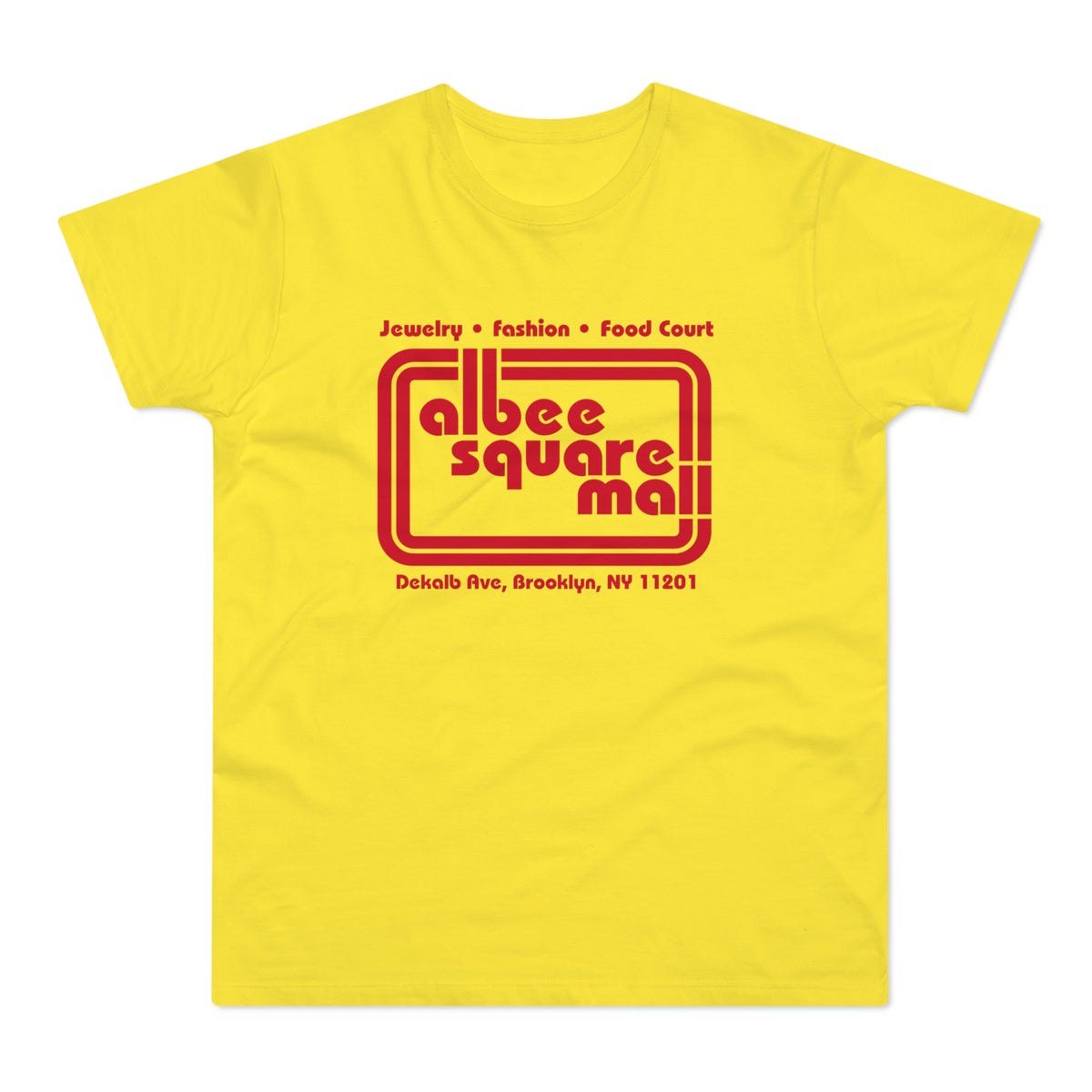 Yellow t-shirt with red Albee Square Mall logo and Brooklyn address.