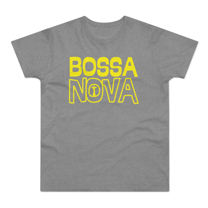 Grey t-shirt with yellow text "BOSSA NOVA" and Christ the Redeemer statue outline.