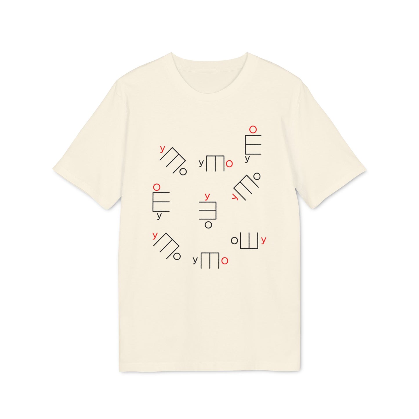 Cream t-shirt with black and red abstract line art and Cyrillic characters scattered across the chest.