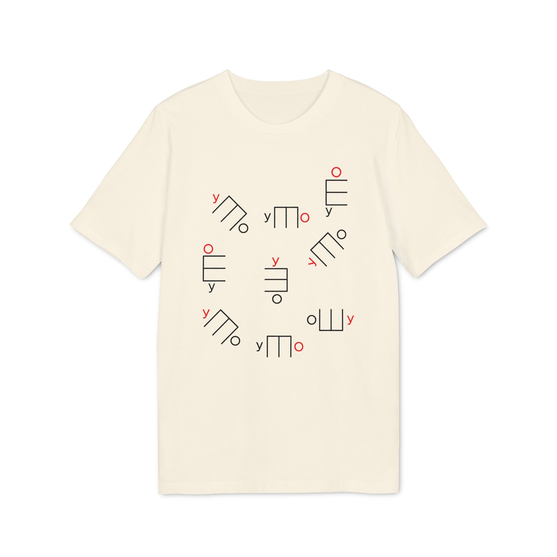 Cream t-shirt with black and red abstract line art and Cyrillic characters scattered across the chest.