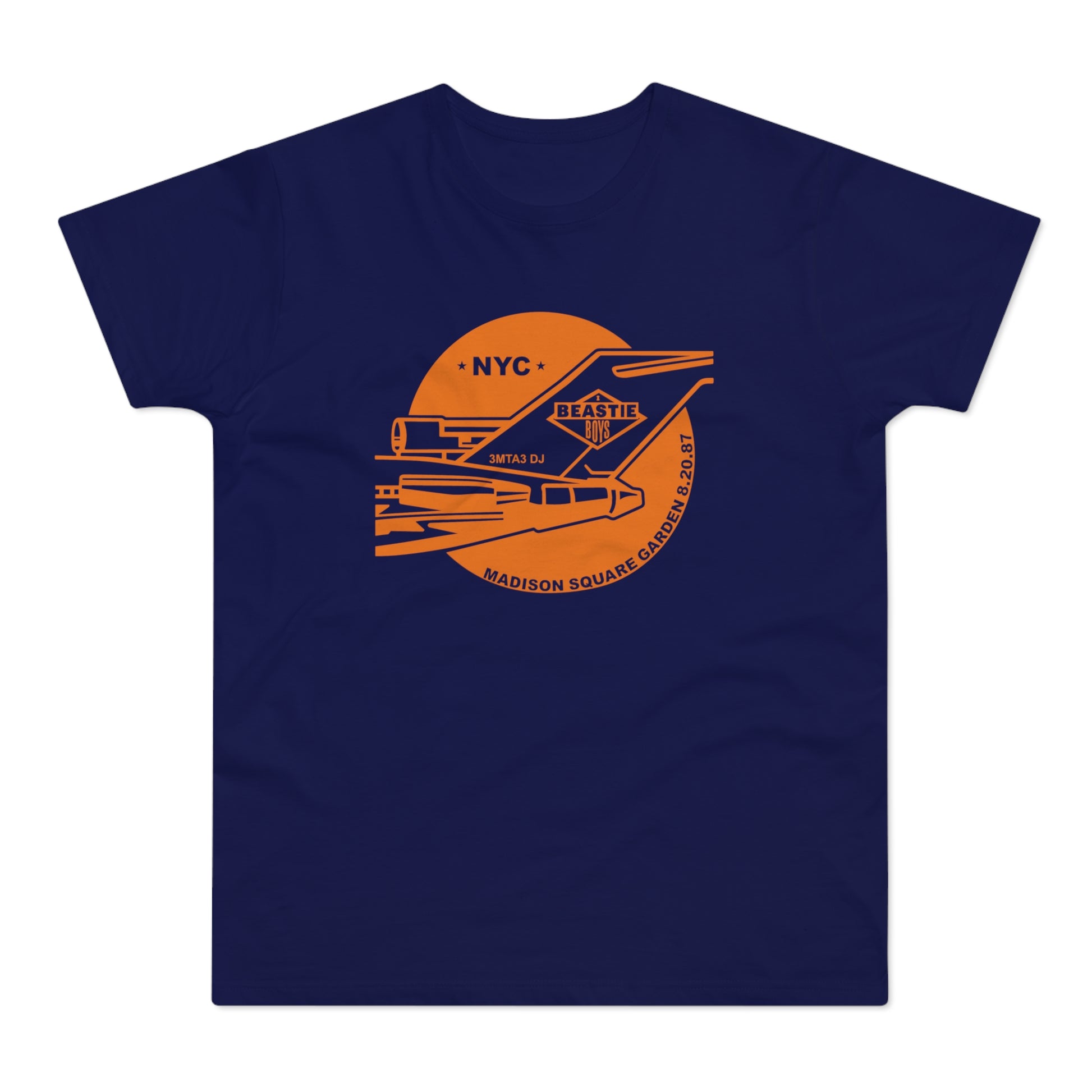 Navy t-shirt with orange Beastie Boys NYC Madison Square Garden 8.20.87 graphic.