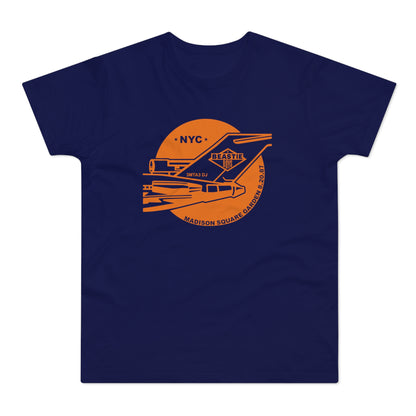 Navy t-shirt with orange Beastie Boys NYC Madison Square Garden 8.20.87 graphic.