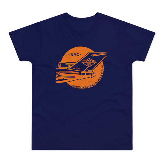 Navy t-shirt with orange Beastie Boys NYC Madison Square Garden 8.20.87 graphic.