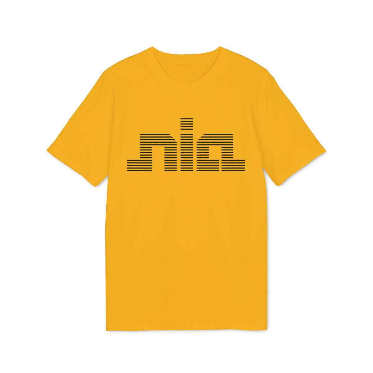 Yellow t-shirt with black horizontal striped "nia" graphic design.