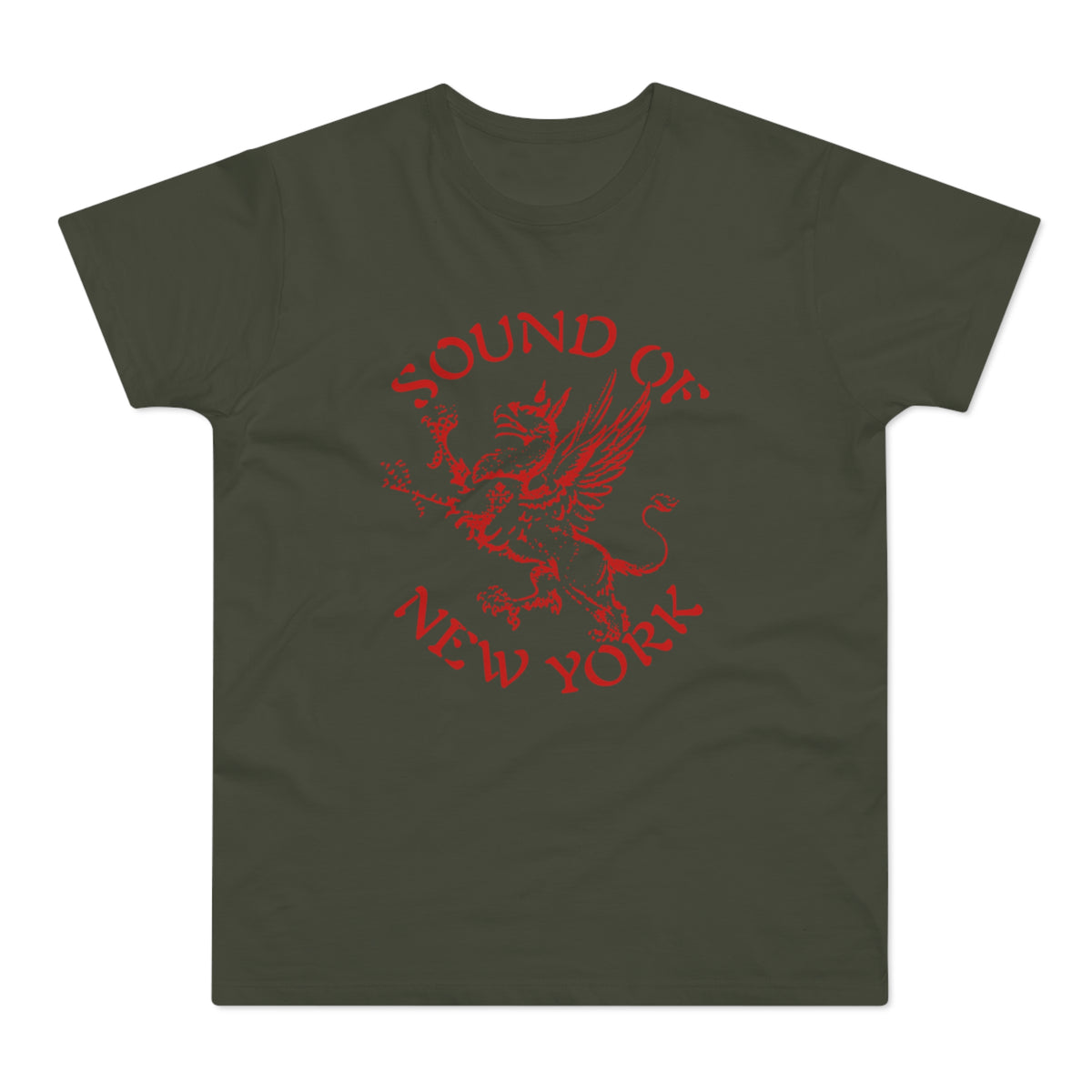 Dark green t-shirt with red "Sound of New York" text and griffin graphic.