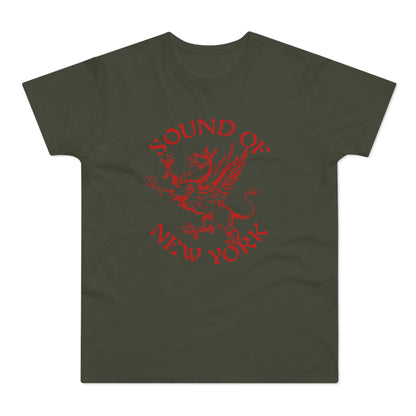 Dark green t-shirt with red "Sound of New York" text and griffin graphic.