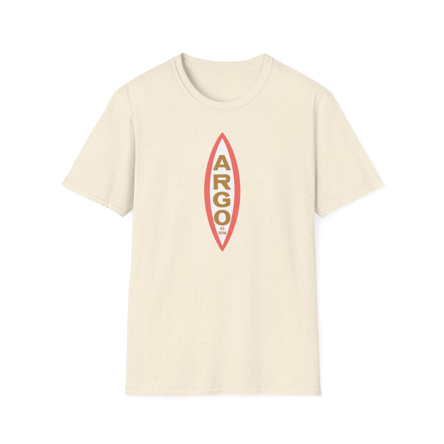 Cream t-shirt with a red and gold Argo 45 RPM record label graphic.