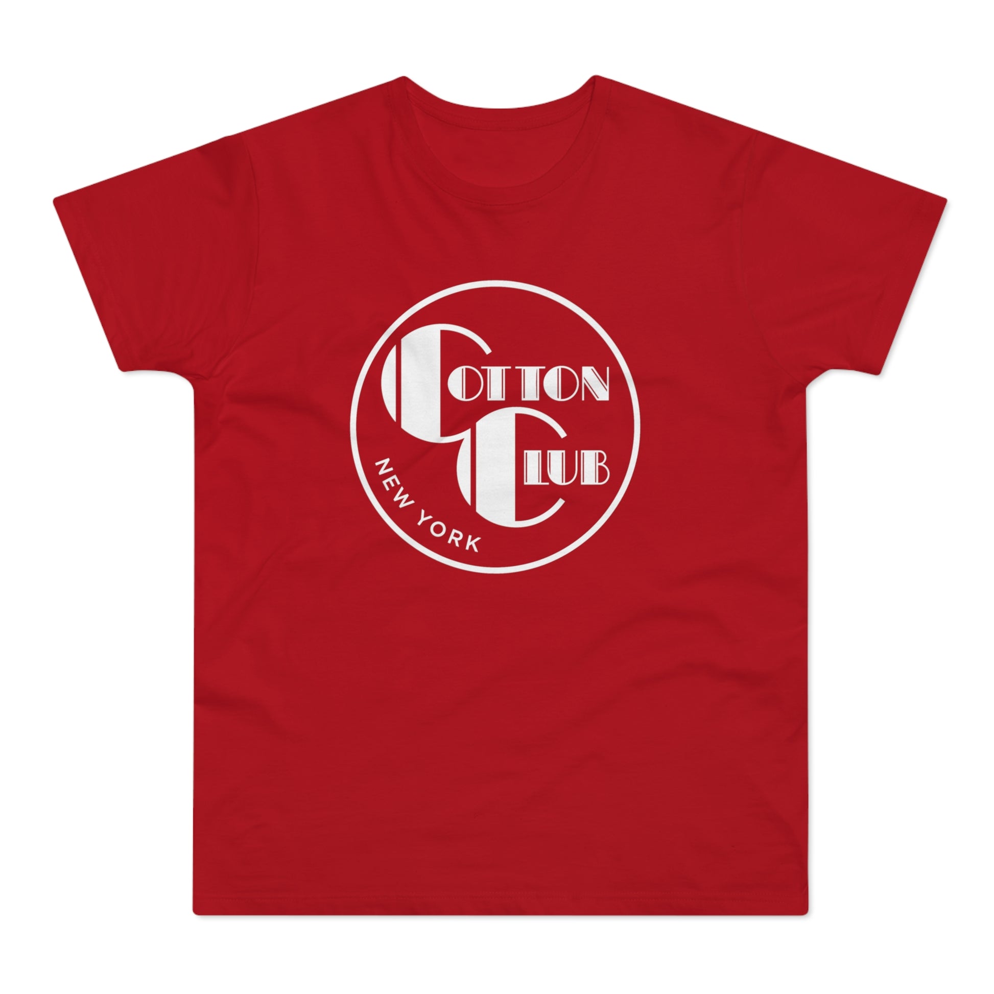 Red t-shirt with white "Cotton Club New York" circle logo.