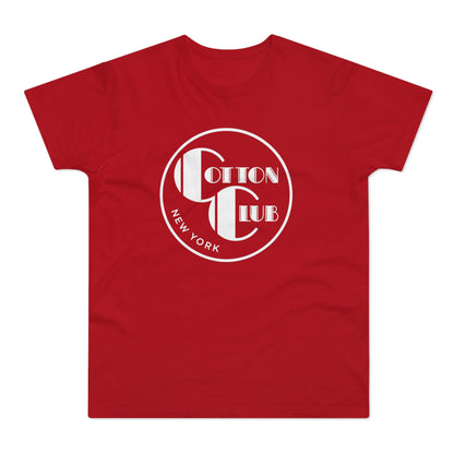 Red t-shirt with white "Cotton Club New York" circle logo.