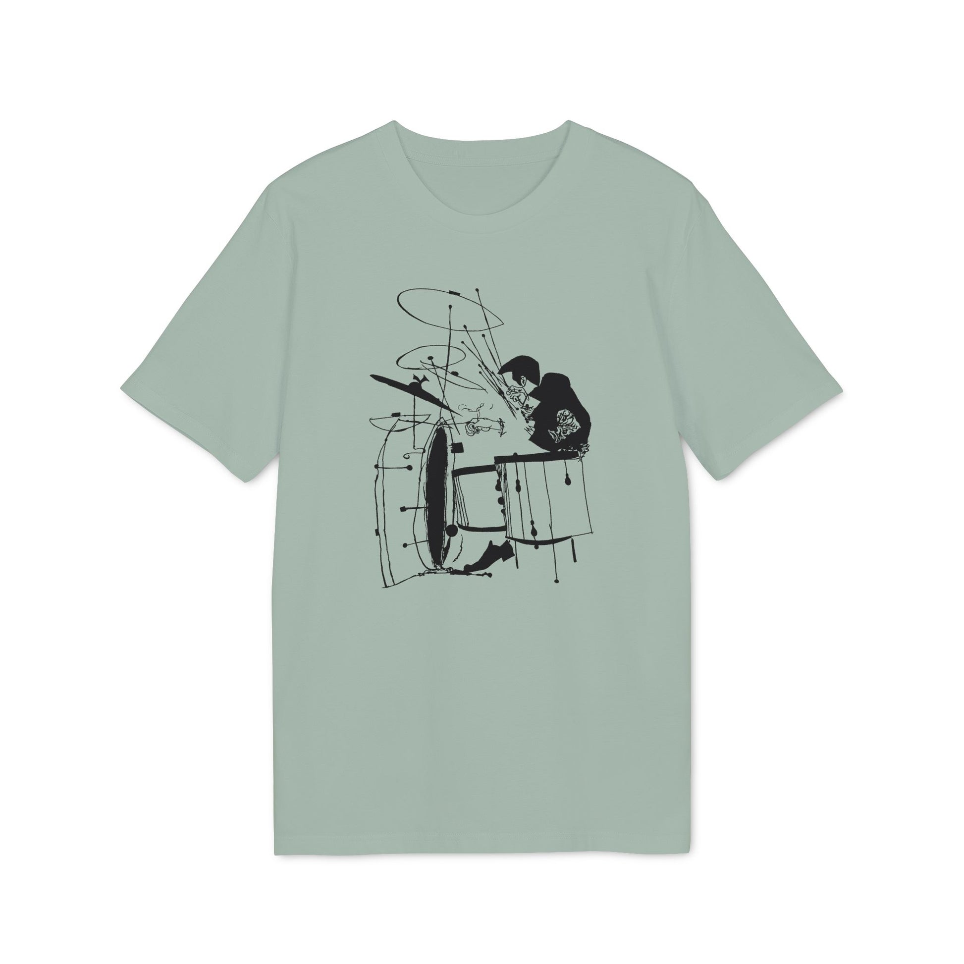 Light blue t-shirt with black line drawing of a drummer playing drums.