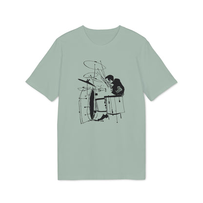 Light blue t-shirt with black line drawing of a drummer playing drums.