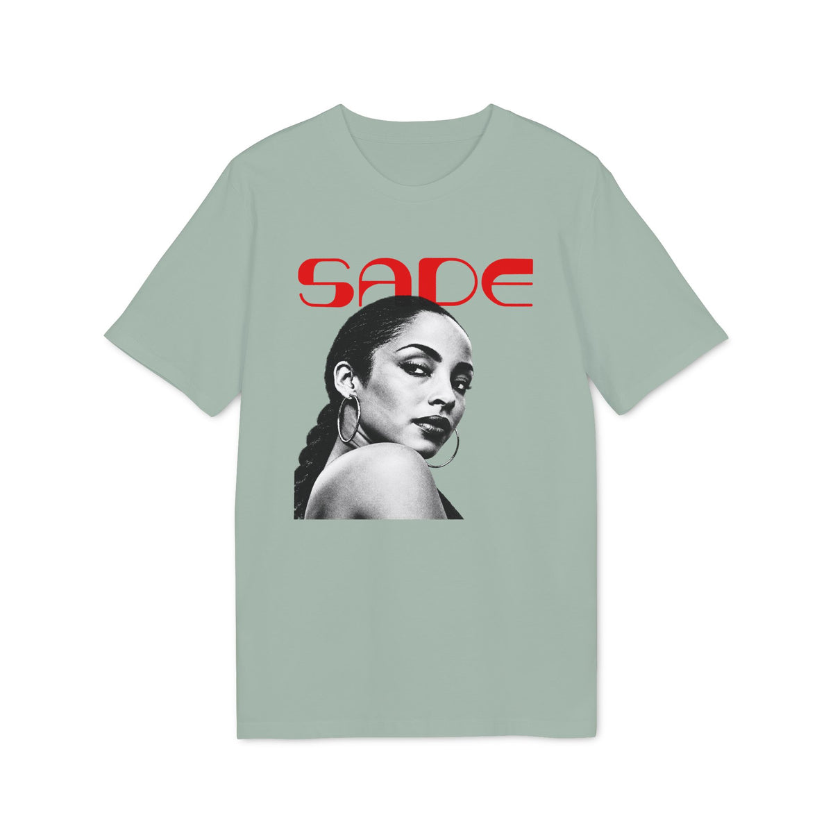 Sade band logo and black and white portrait of Sade Adu on a light green t-shirt.
