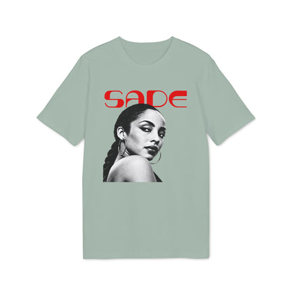 Sade band logo and black and white portrait of Sade Adu on a light green t-shirt.