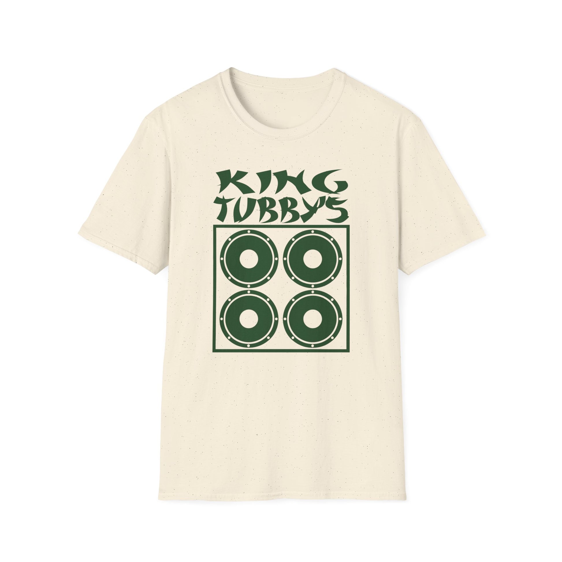 Cream t-shirt with green "King Tubbys" text and four circular speaker graphics.