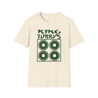 Cream t-shirt with green "King Tubbys" text and four circular speaker graphics.