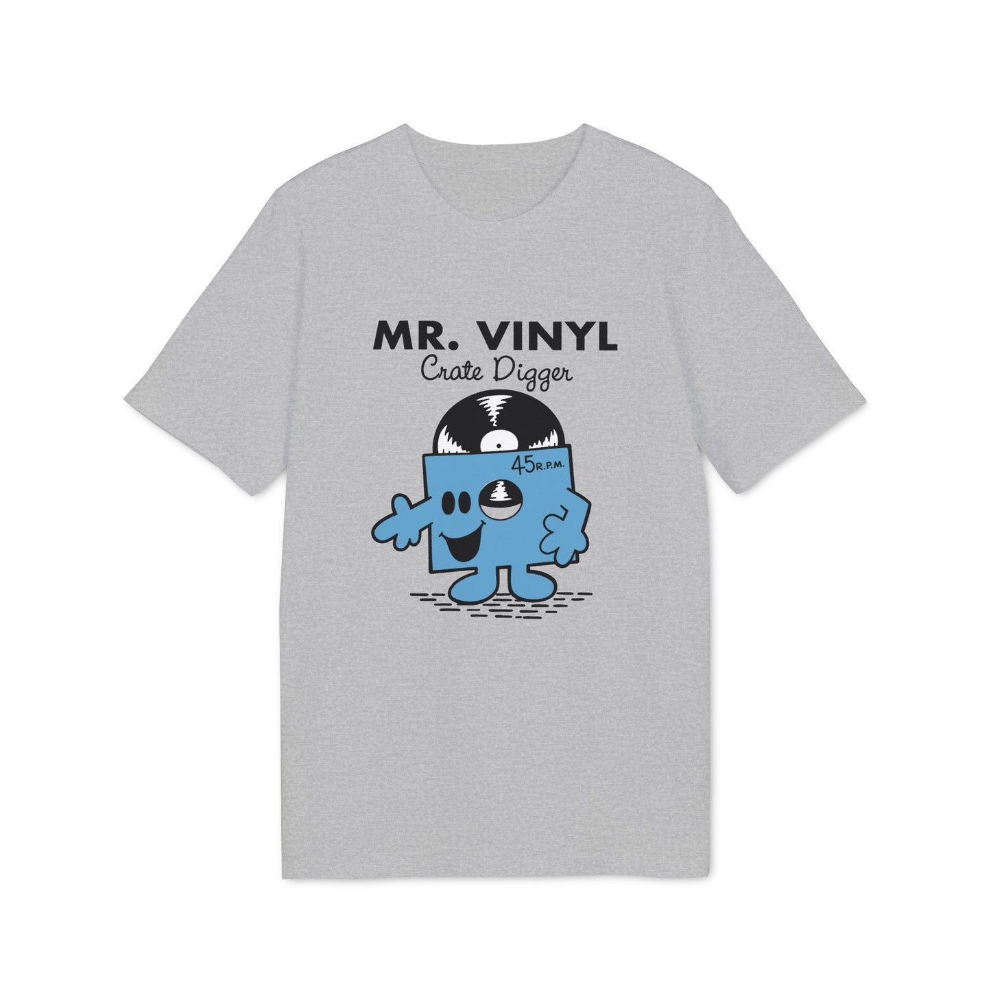 Grey t-shirt with "MR. VINYL Crate Digger" and cartoon vinyl record character.