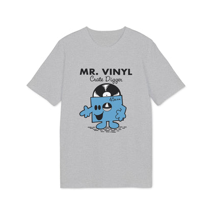 Grey t-shirt with "MR. VINYL Crate Digger" and cartoon vinyl record character.
