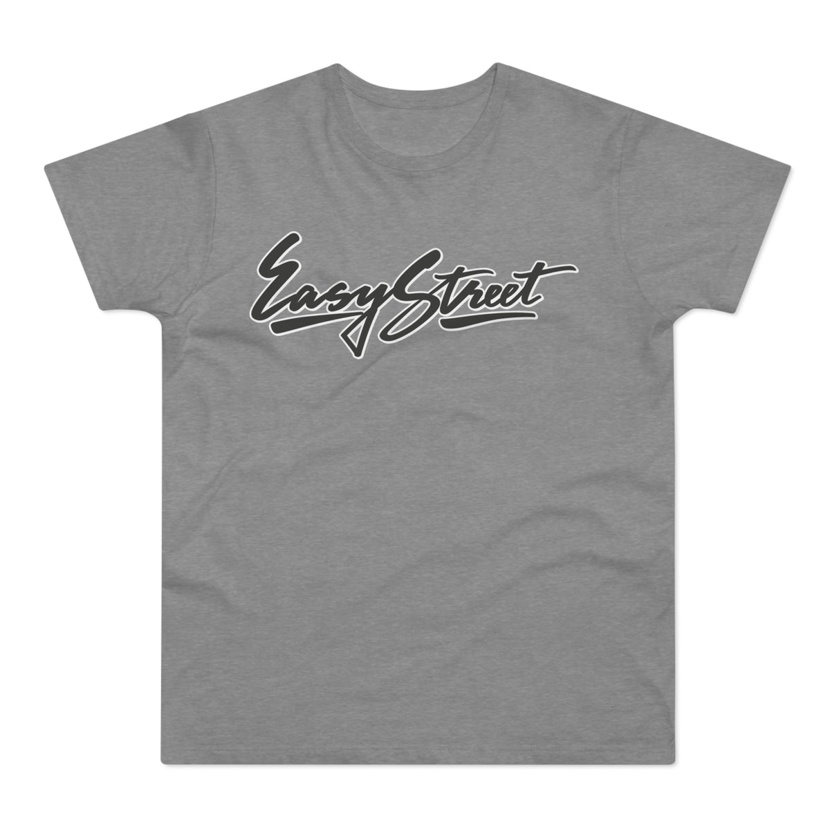 Grey t-shirt with black "Easy Street" script text across the chest.