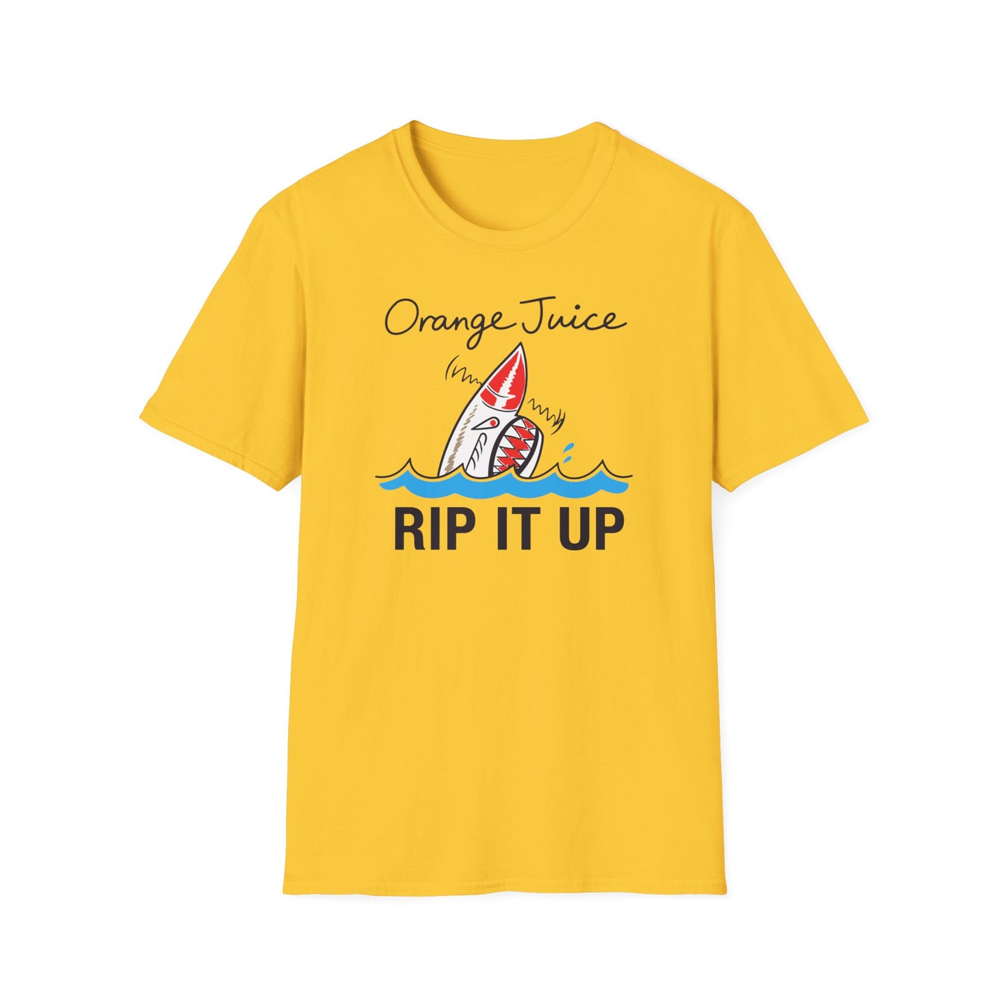 Yellow t-shirt with "Orange Juice" and shark "RIP IT UP" graphic.