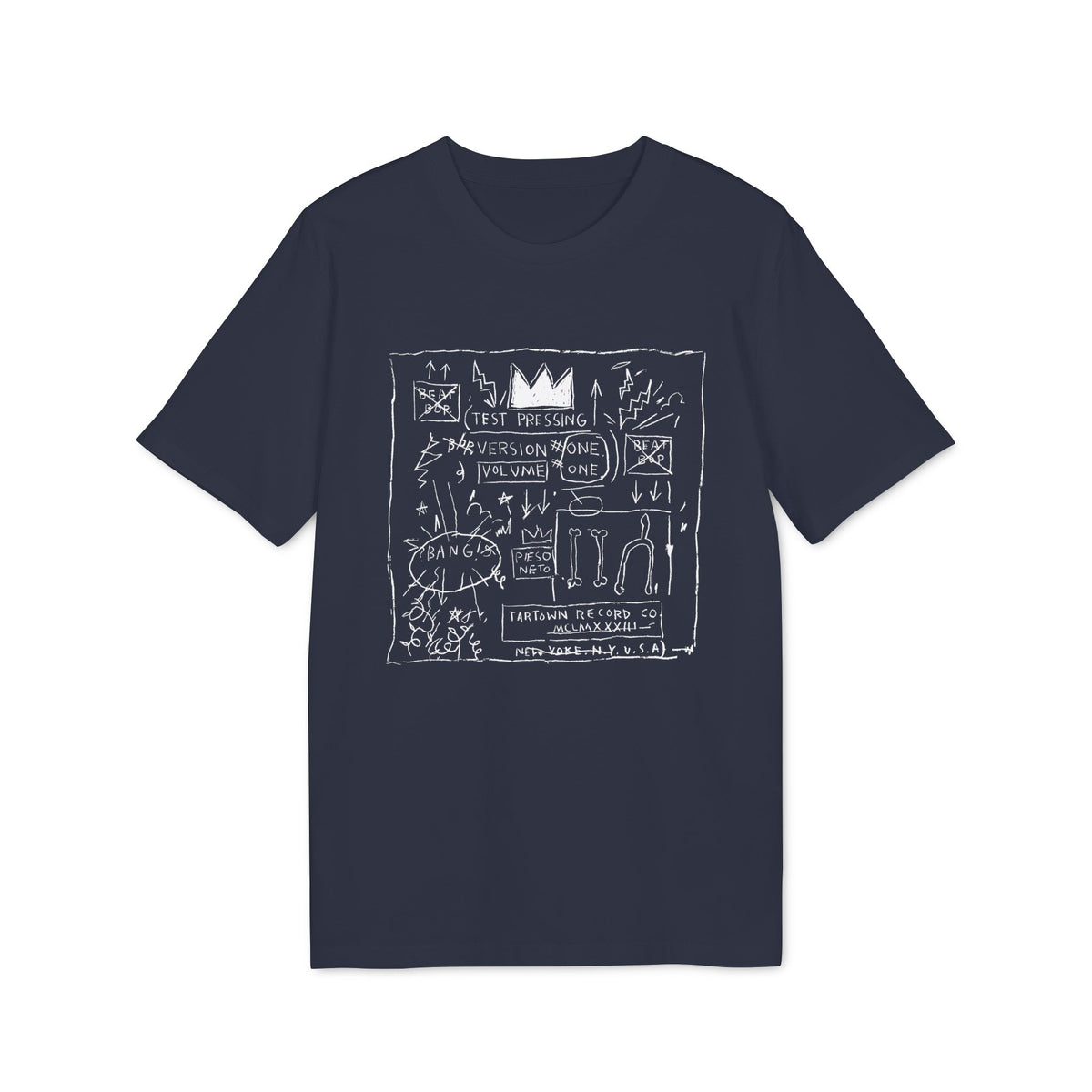 Navy t-shirt with white sketch art featuring a crown, text, and symbols.