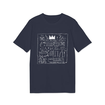 Navy t-shirt with white sketch art featuring a crown, text, and symbols.