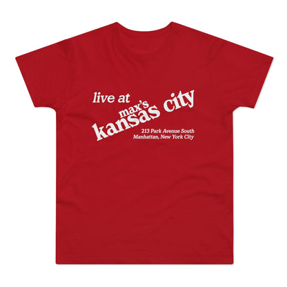 Red t-shirt with white text "live at max's Kansas City" and address.