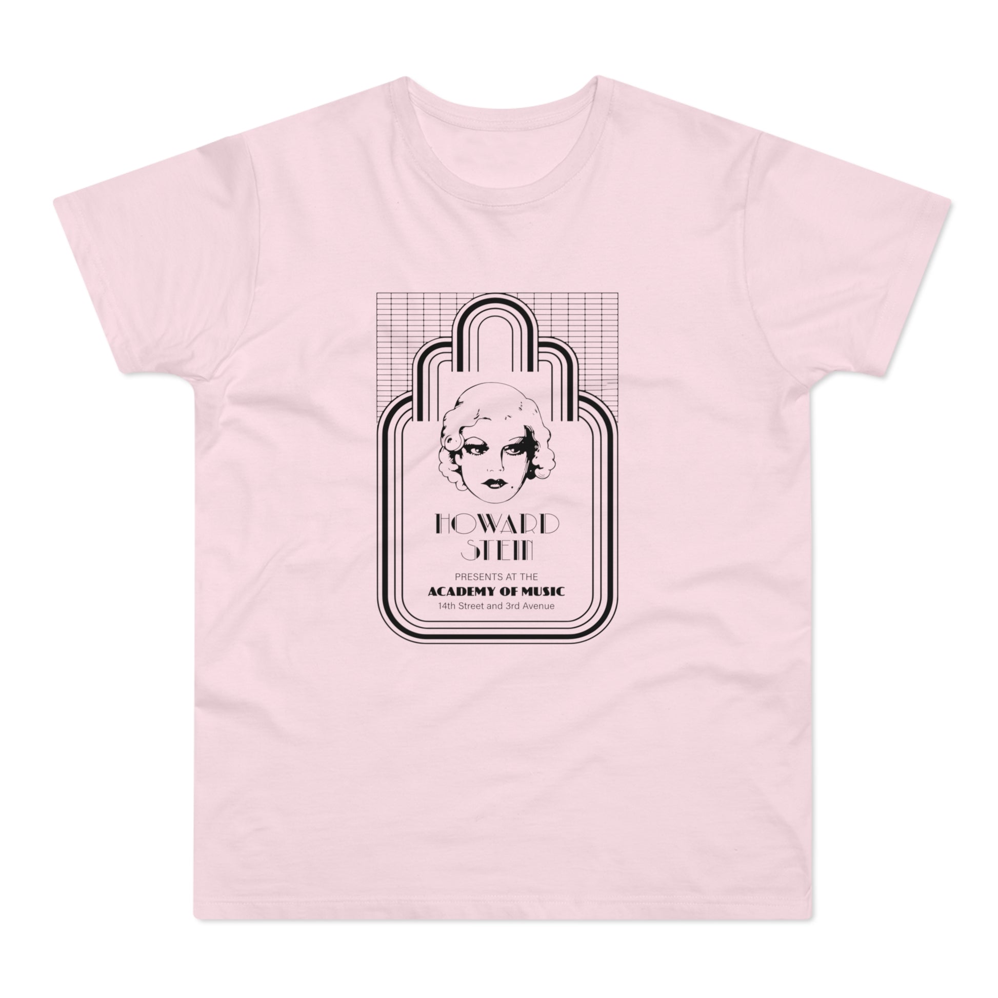 Pink t-shirt with Howard Stein Presents at the Academy of Music graphic.