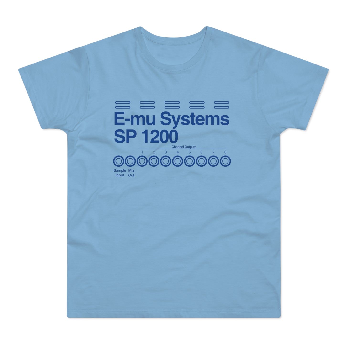 Light blue t-shirt with E-mu Systems SP 1200 logo and channel outputs.