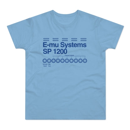 Light blue t-shirt with E-mu Systems SP 1200 logo and channel outputs.
