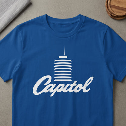 Blue t-shirt with white Capitol Records building and logo.