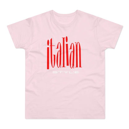 Pink t-shirt with red "Italian" text and white "STYLE" text.