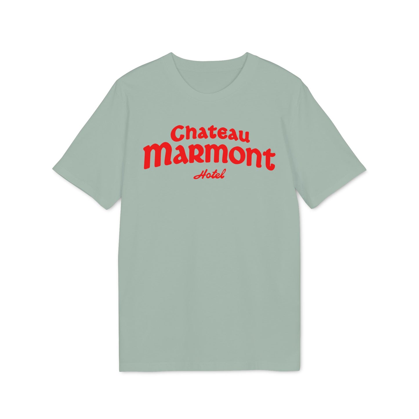 Light sage green t-shirt with red Chateau Marmont Hotel text.